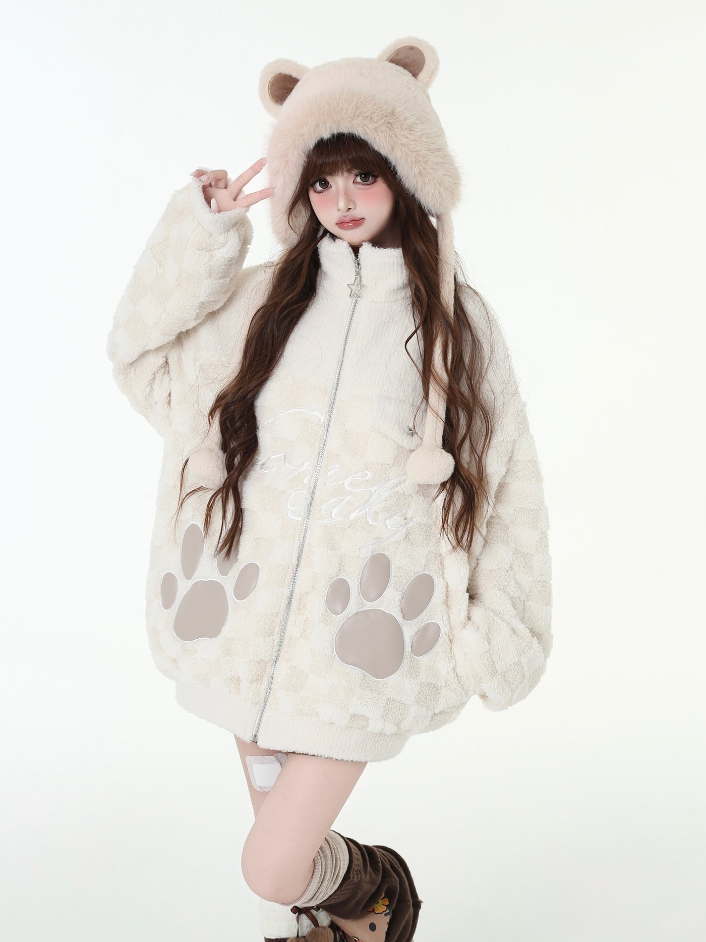 Paw Ball Design Stand Collar Loose Zip Jacket CRA0096