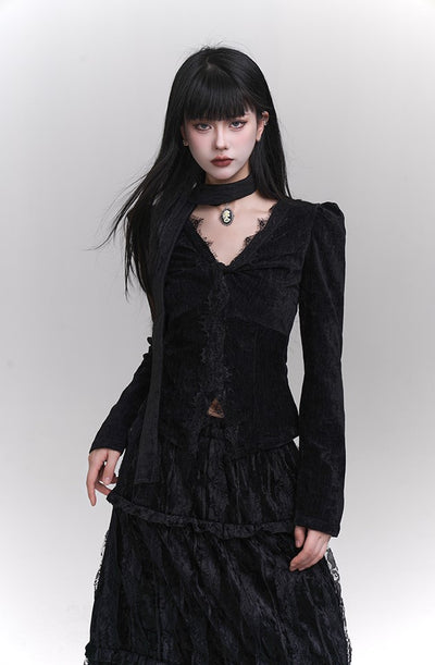 Black Velvet Top/Pleated Long Skirt LAD0125