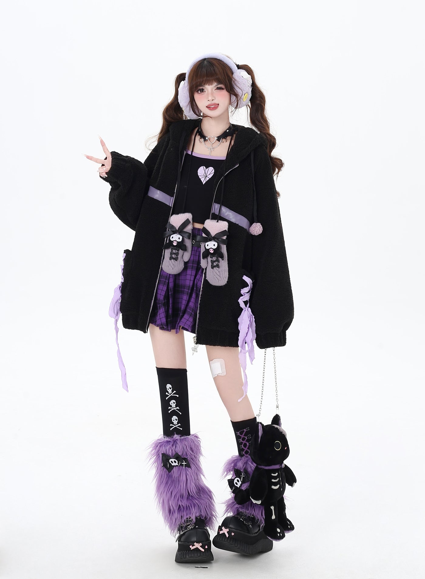 Purple ribbon design thick cotton loose jacket with bear ears hood CRA0089