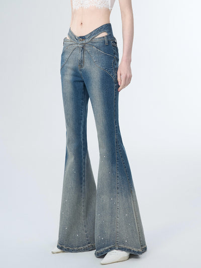 Ribbon-cut waist design flared denim pants OFA0147