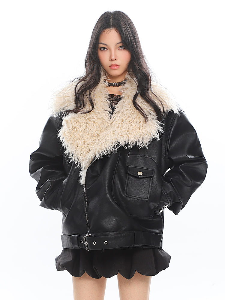 Fur Lapel Windproof Loose Leather Jacket UNC0219