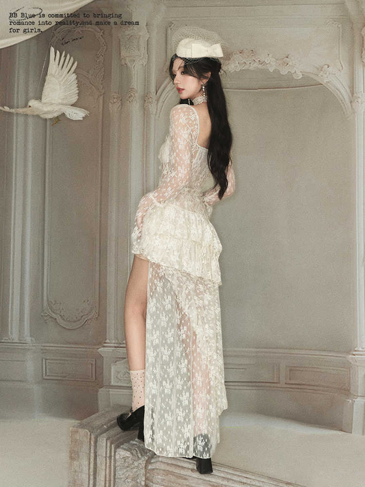 Sexy Slim Square Neck Ruffle Lace Tail Princess Dress BBB0084