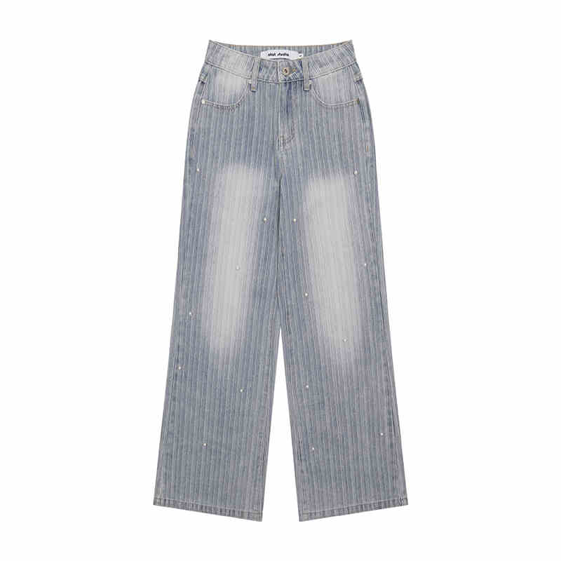 Pearl Embroidery Stripe Design Washed Denim Wide Pants NTO0142