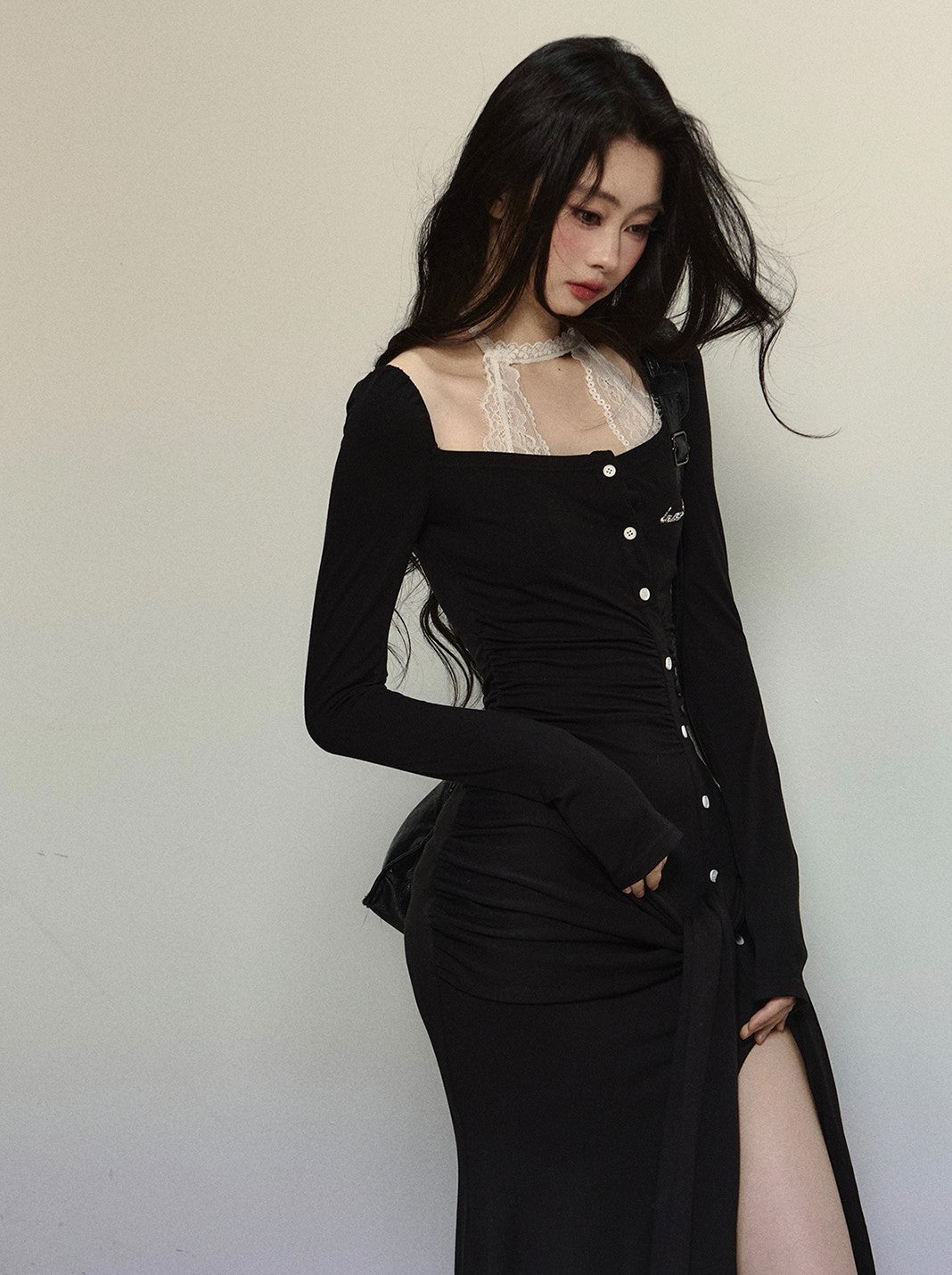 Fake Two-piece Knitted Slit Long Dress DIA0301