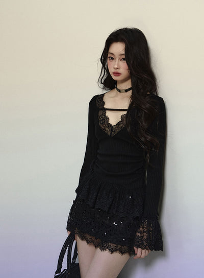 Ruffled Lace Long Sleeve Slim Sweater DIA0311