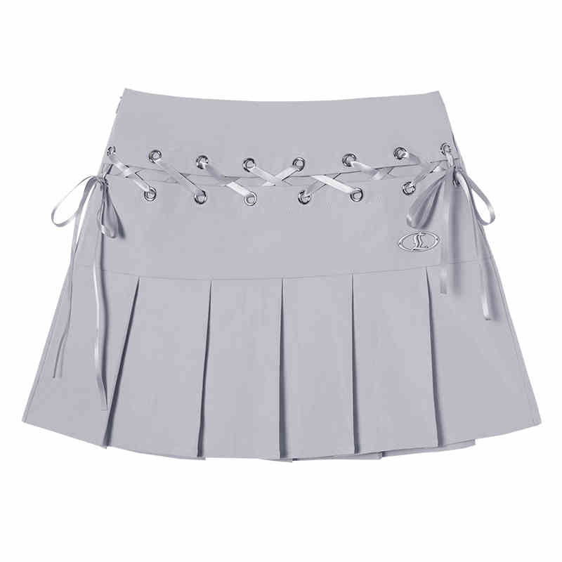 College Style Pleated Skirt with Waist Cross Strap Design LAC0232