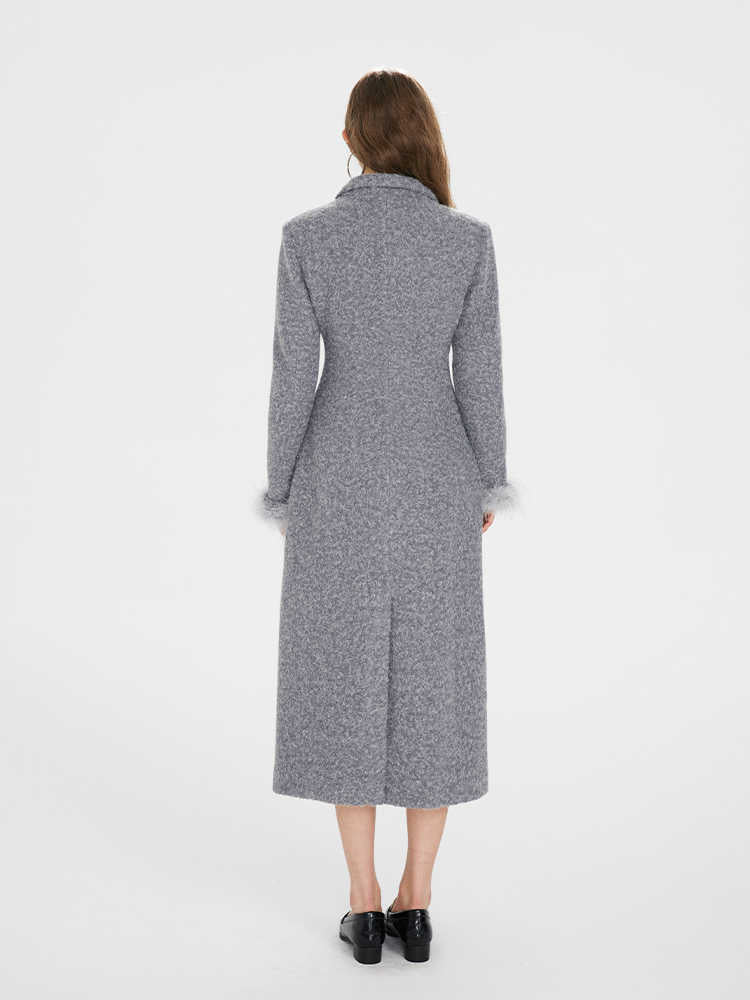 Waist Slim Wool Coat with Long Fur Sleeve Design BOH0081