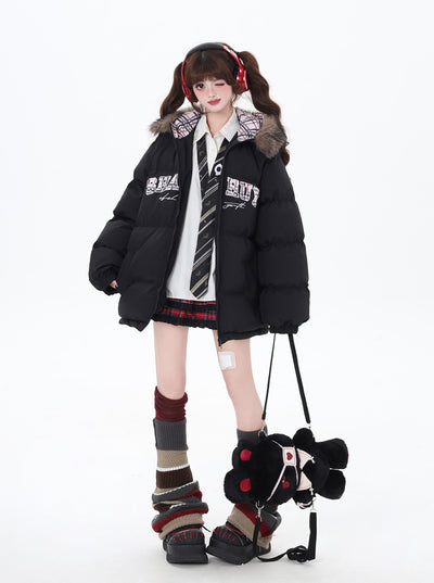 Letter Print Fur Hooded Loose Down Jacket CRA0085