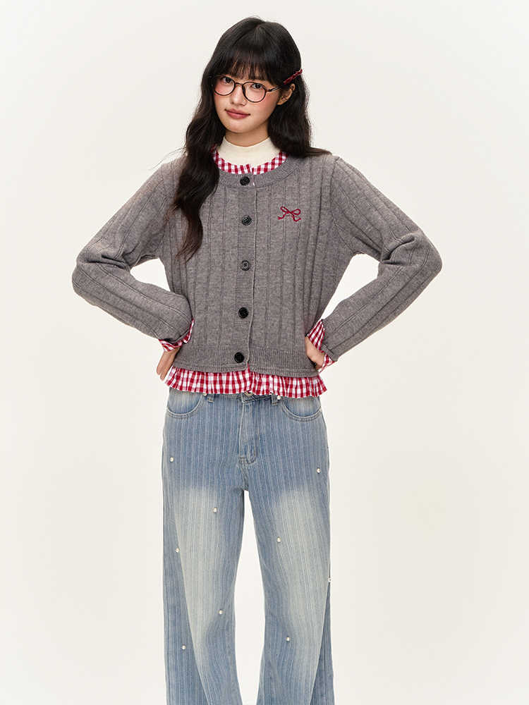 Checkered Inner Docking Ribbon Embroidery Girly Cardigan NTO0141