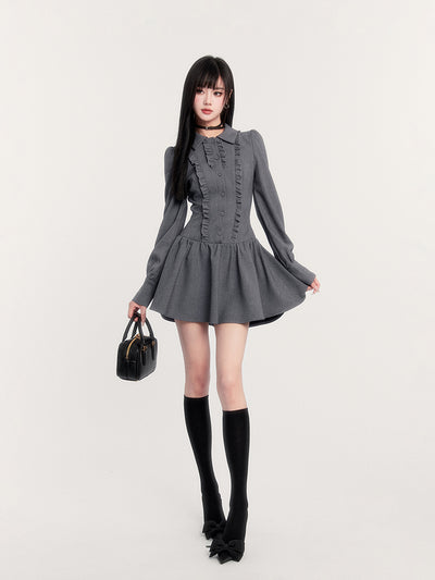 Bowknot Slim Long Sleeve Gray Shirt Dress VOC0255