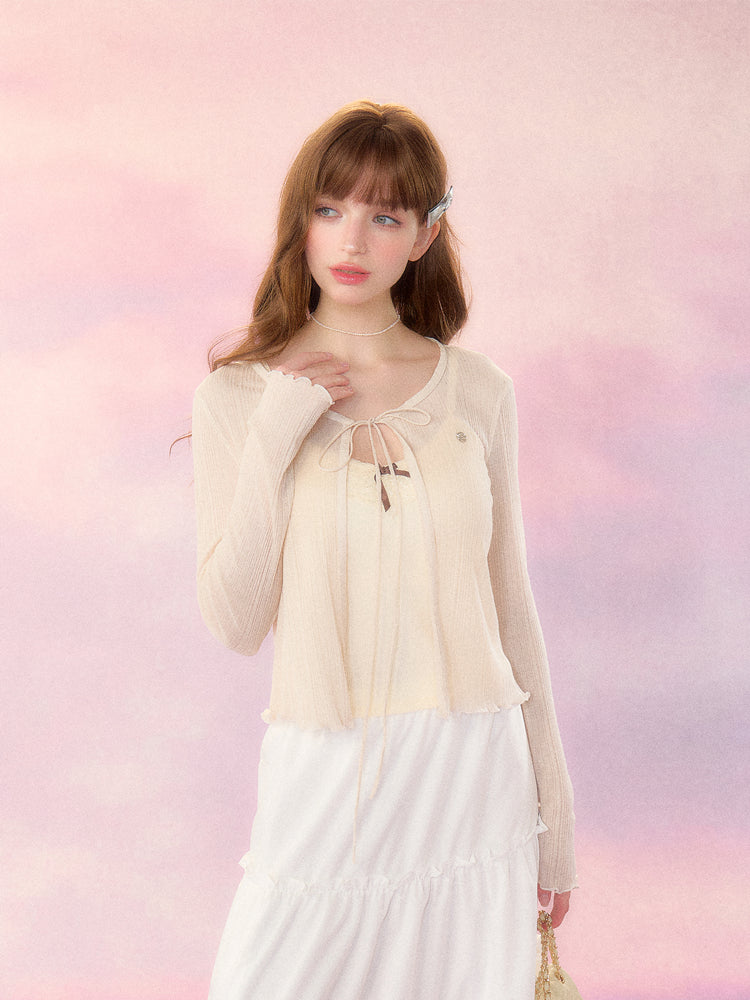 Natural color ribbon sheer slim cardigan SPE0046