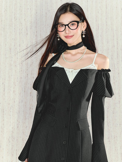 Camisole Docking Off-Shoulder Striped Suit Style Puff Sleeve Dress UND0099