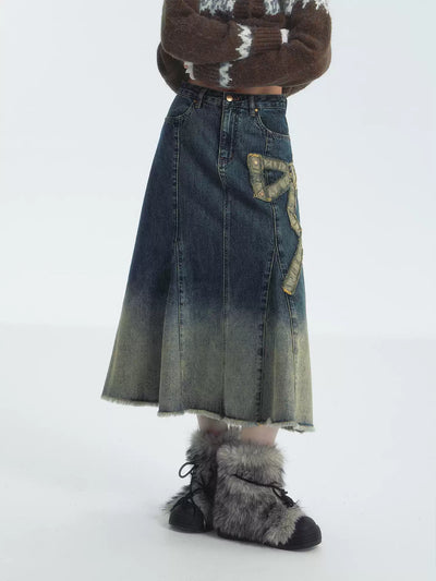 Gradient Raw Edge Bow Denim Skirt SOM0138