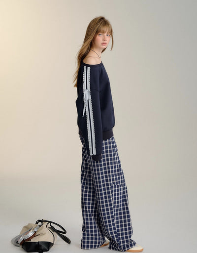 Drawstring Fine Plaid Wide-leg Pants SOM0105