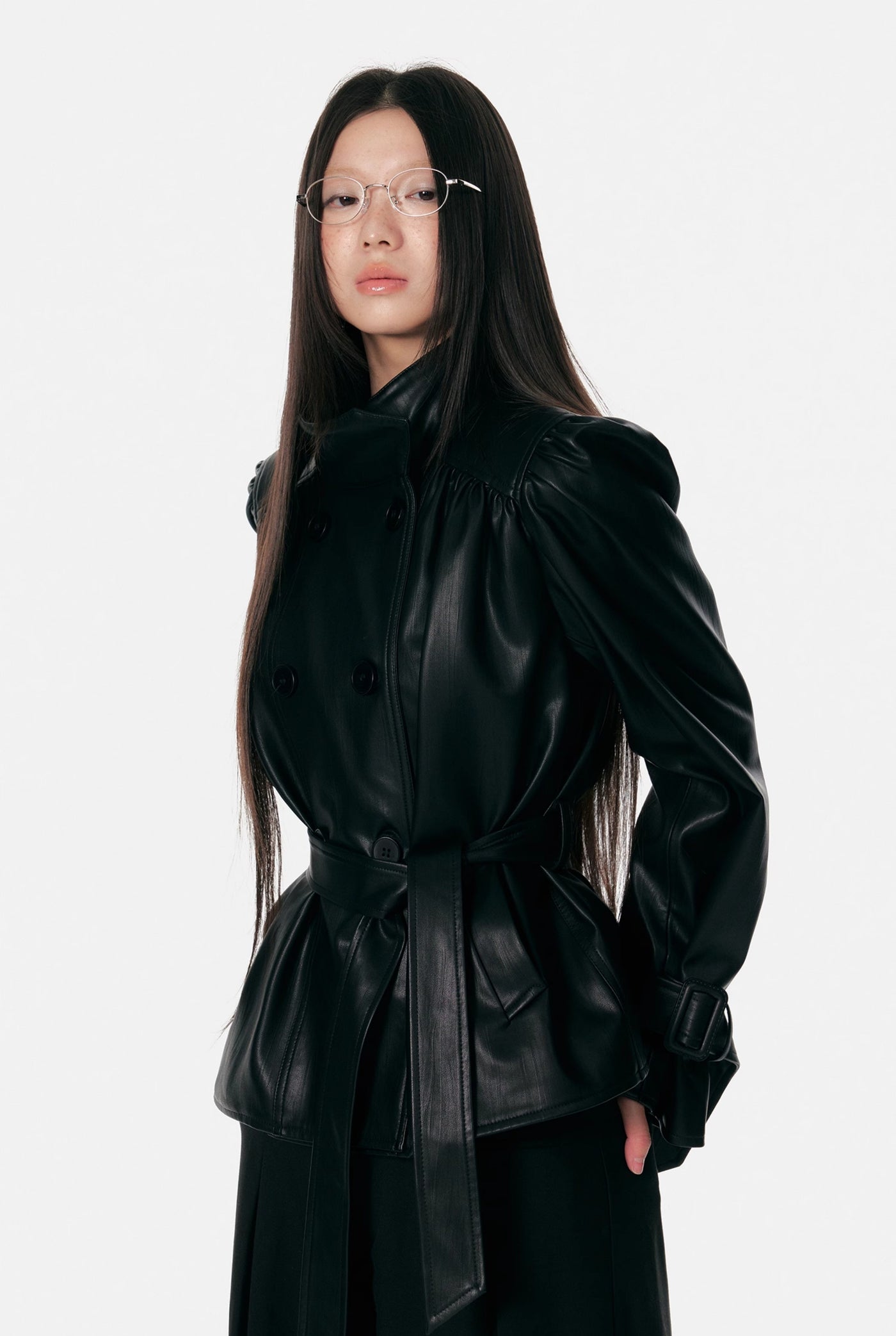 Pleated Stand Collar Black Leather Jacket 4MU0091