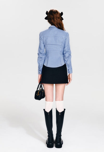 Blue Plaid Waist Shirt/Decorative Button Skirt/Vest BOH0060