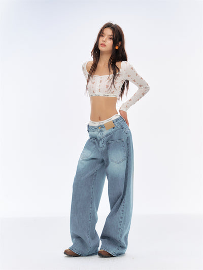 Low Waist Washed Wide Leg Jeans CUR0194