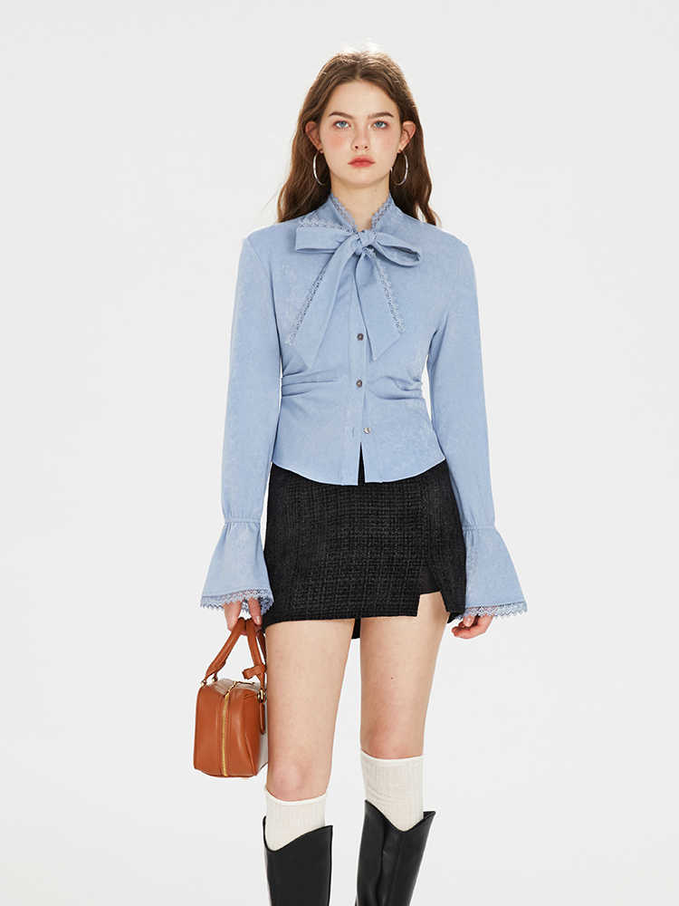 Tweed Slim Suit Jacket & Big Ribbon Ruffle Blue Shirt & Side Slit Mini Skirt BOH0065