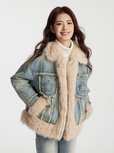 Star Pocket Denim Color Long Fur Cotton Jacket NTO0149