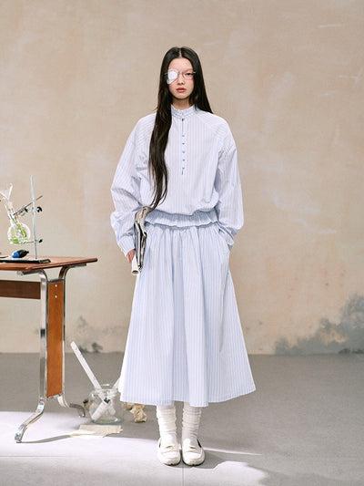 Round Neck Striped Shirt/Half-length Umbrella Skirt LAL0105