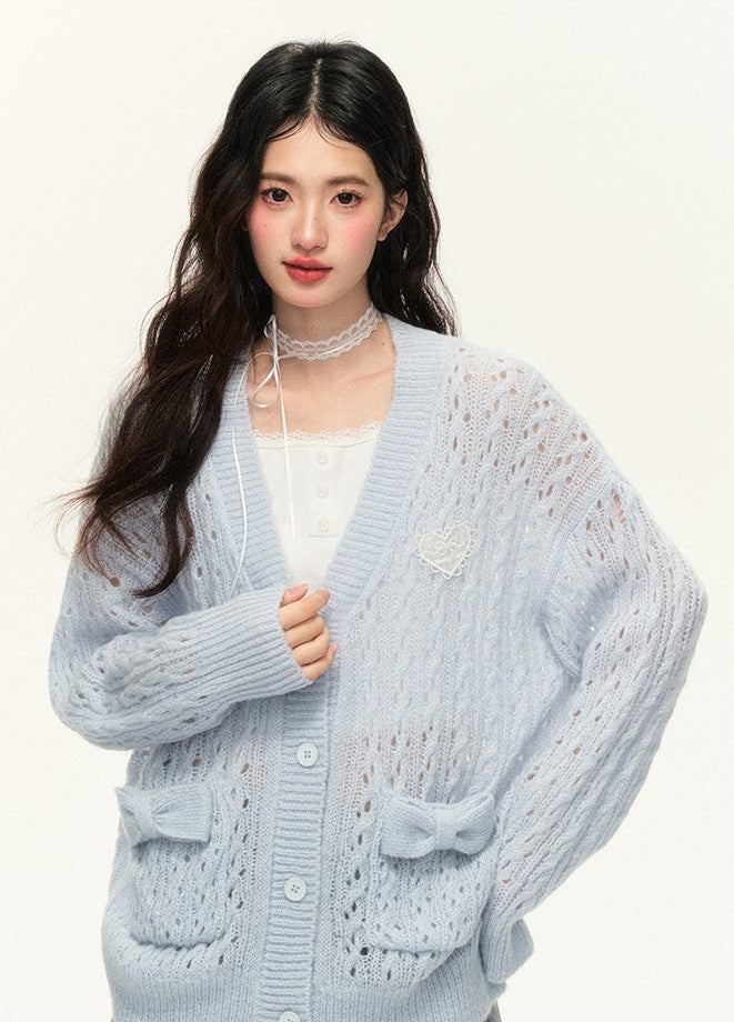 Bow Pocket Hollow Cable Knitted Sweater Cardigan NTO0134