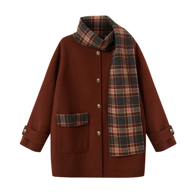 Collarless checkered wool blend reversible coat & scarf DID0059