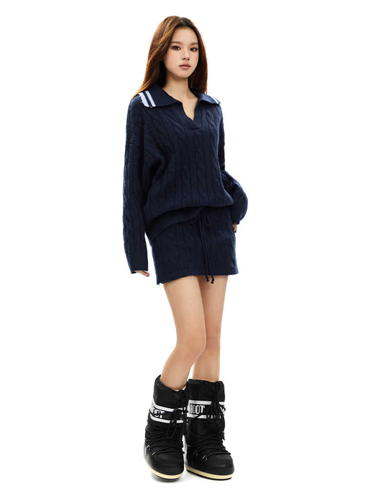 Long Sleeve Polo Style Cable Knit Top & Miniskirt APE0340