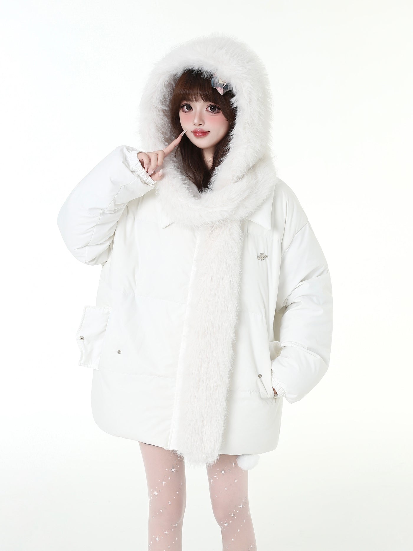 White thick down jacket with long fur hood CRA0099