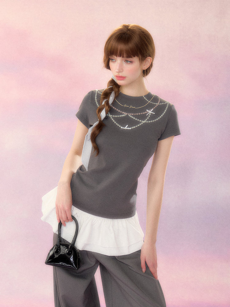 Overlapping necklace design T-shirt & ruffle layered skirt style belt SPE0039