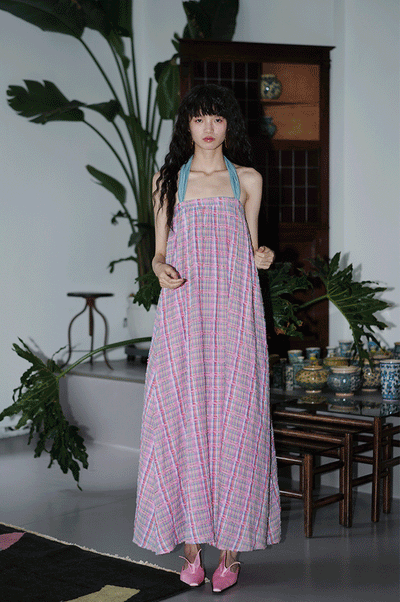 Loose Retro Plaid Long Halter Neck Tube Dress BAD0027