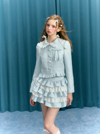 Baby Blue Bow Suit Short Jacket/Lace Cake Skirt NAR0043