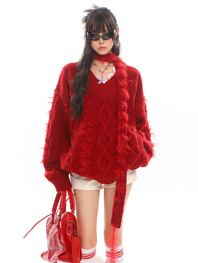 Red Scarf V-neck Twisted Sweater UNC0217