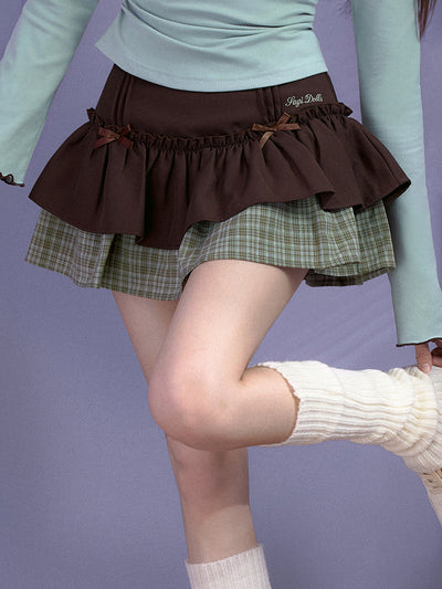 brown bow green plaid short skirt SAG0181