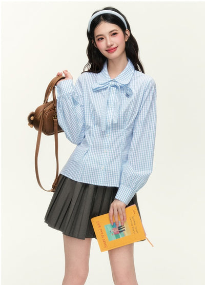 College Style Embroidered Check Tie Shirt/Gray Skirt NTO0127