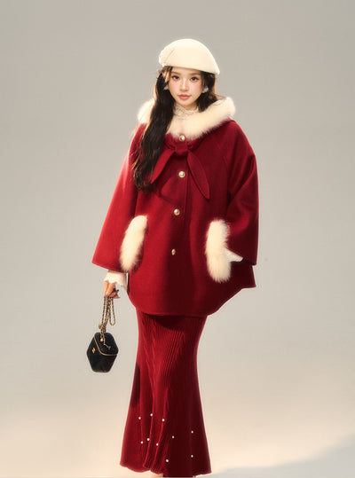 Hooded Burgundy Fur Wool Coat BBB0127