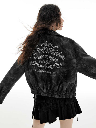 Retro Smudge Embroidery Metal Rivet Leather Short Jacket IMO0065