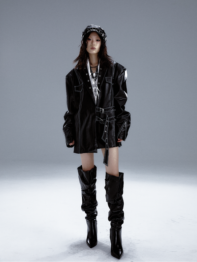 Dark punk high-end heavy leather loose jacket FRU0055