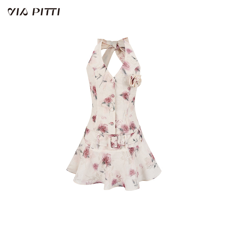 Rose Print Waist Belt Halter Neck Dress VIA0111