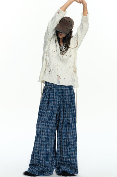 Loose Wide-leg Blue Gradient Plaid Pants WES0200