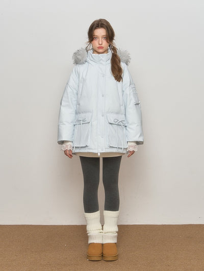 Blue Hooded Fur Collar Down Jacket QDQ0111