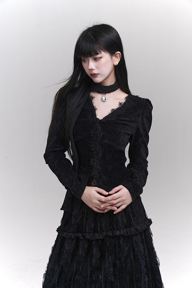 Black Velvet Top/Pleated Long Skirt LAD0125