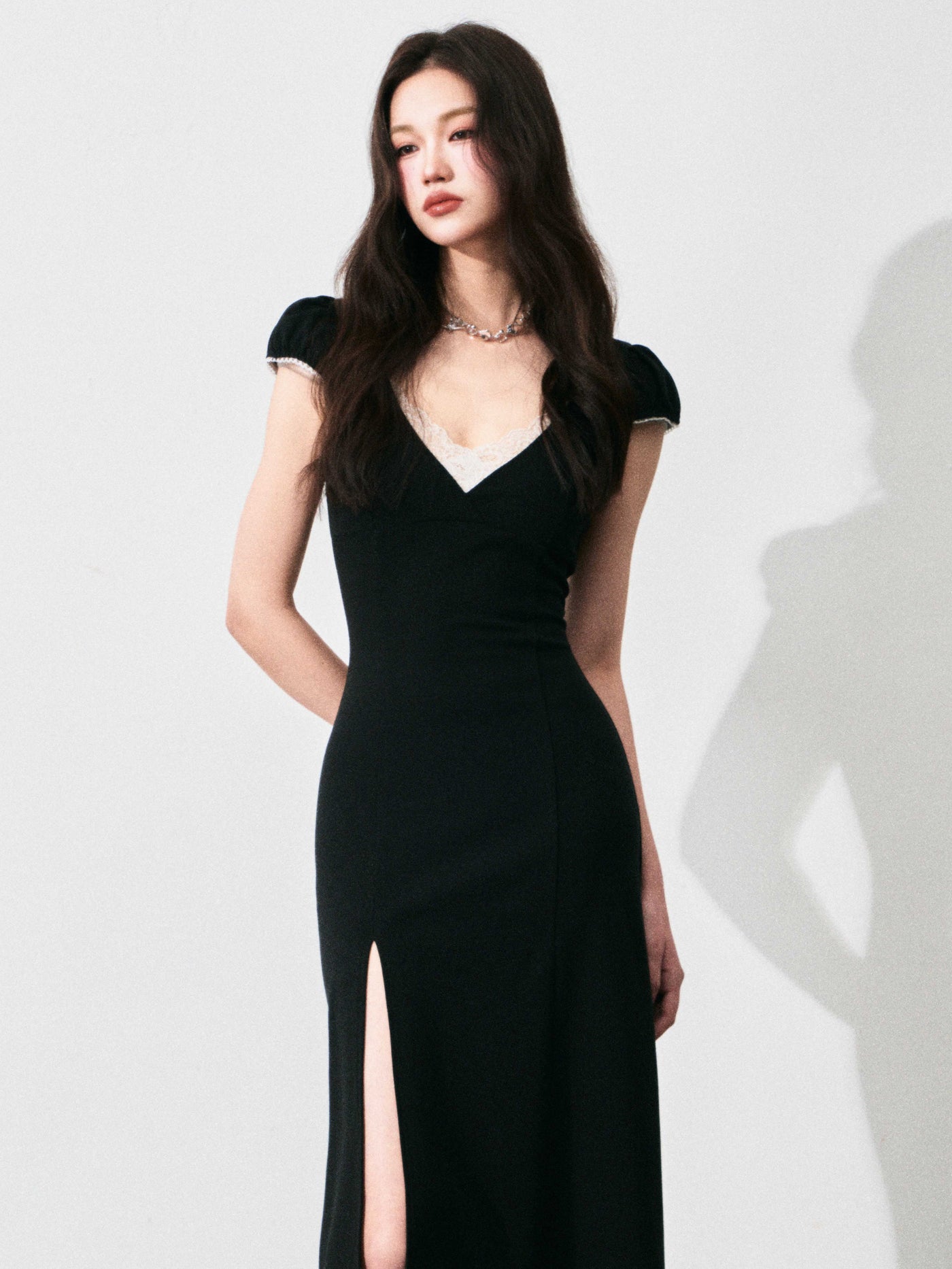 V-neck Lace Patchwork Slit Dress LUL0135