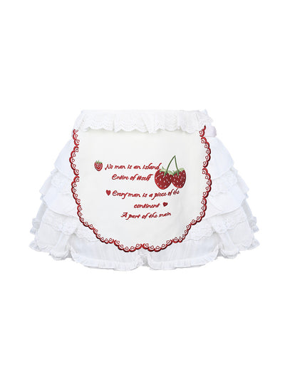 V-Neck Shoulder Open Strawberry Pattern Ruffle Top & Ruffle Layered Apron Mini Skirt SER0034