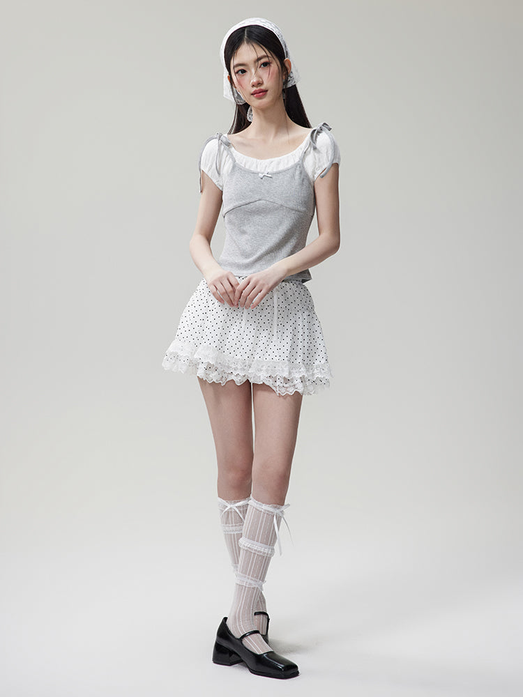 Rib Cami Sleeveless Puff Sleeve Top & Lace Hem Dot Pattern A-Line Mini Skirt NTO0080