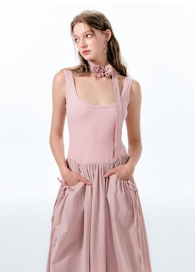 Pink Knitted Splicing Sleeveless Vest Dress BOH0046