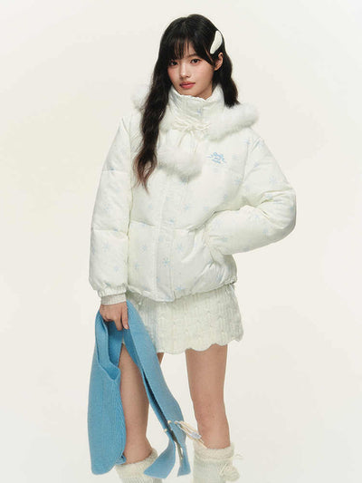 Snowflake Pattern Fur Hoodie Down Jacket NTO0153