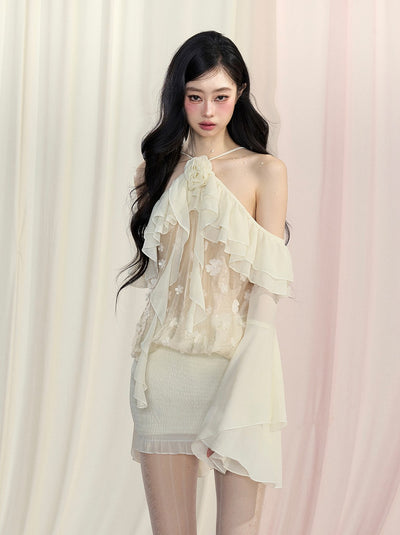크림 퍼프 얇은 명주 그물 홀터 넥 드레스 DIA0437