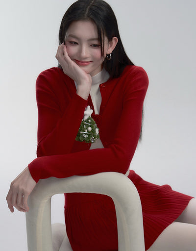 Red Knitted Cardigan/Skirt/Off-white Vest FRA0269