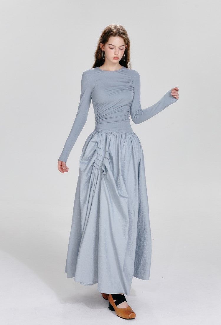 Ballet Style Round Neck High-end Irregular Pleated Long Sleeve Dress BOH0054