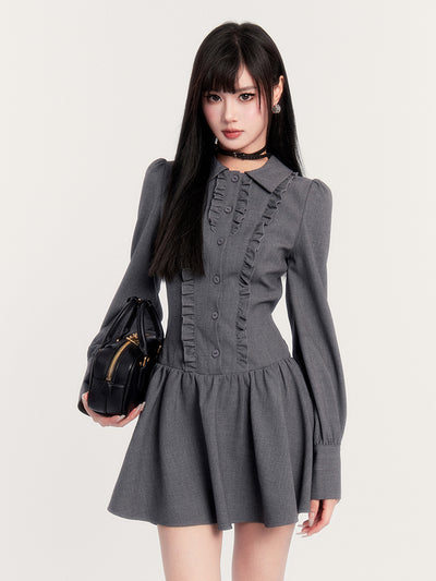 Bowknot Slim Long Sleeve Gray Shirt Dress VOC0255